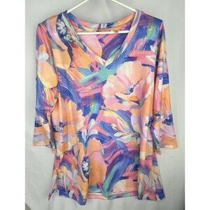 Soft Surroundings Felisa Tunic Top Coral Blue Watercolor Abstract Floral Large